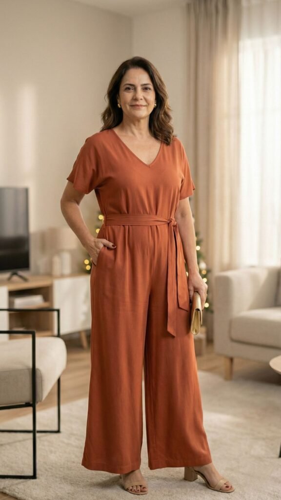 Uma mulher de meia-idade com cabelos castanhos ondulados sorri enquanto está de pé em uma sala de estar moderna e iluminada. Ela veste um macacão laranja terracota de pernas largas e mangas curtas, com um cinto de tecido amarrado na cintura. Uma mão está no bolso lateral e a outra segura uma pequena bolsa clutch dourada. Ao fundo, há um sofá, uma televisão e uma árvore de Natal decorada.