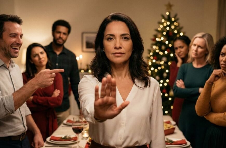 Mulher de meia-idade com expressão séria e a mão levantada em sinal de "pare" durante uma festa de Natal, interrompendo um homem que aponta e ri de forma constrangedora. O grupo ao redor demonstra reprovação, ilustrando uma reação a comentários inconvenientes como piadinhas sobre idade.