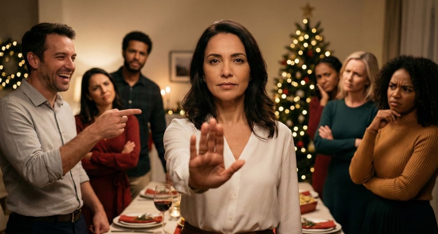 Mulher de meia-idade com expressão séria e a mão levantada em sinal de "pare" durante uma festa de Natal, interrompendo um homem que aponta e ri de forma constrangedora. O grupo ao redor demonstra reprovação, ilustrando uma reação a comentários inconvenientes como piadinhas sobre idade.