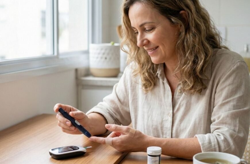 Uma mulher de meia-idade sorridente, sentada em uma mesa de cozinha iluminada, realizando um teste de glicemia capilar no dedo com um aparelho digital. A imagem ilustra o monitoramento e cuidado com o prediabetes na perimenopausa.