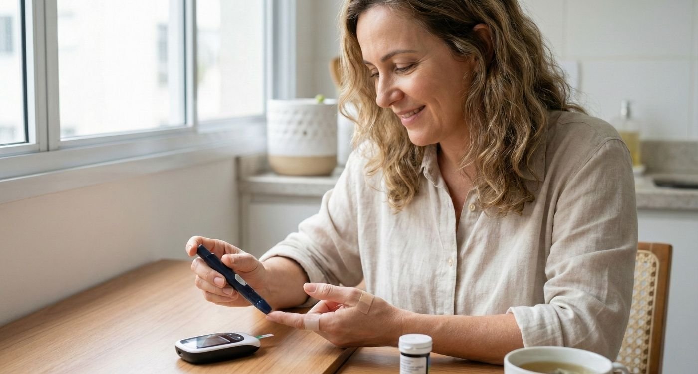 Uma mulher de meia-idade sorridente, sentada em uma mesa de cozinha iluminada, realizando um teste de glicemia capilar no dedo com um aparelho digital. A imagem ilustra o monitoramento e cuidado com o prediabetes na perimenopausa.