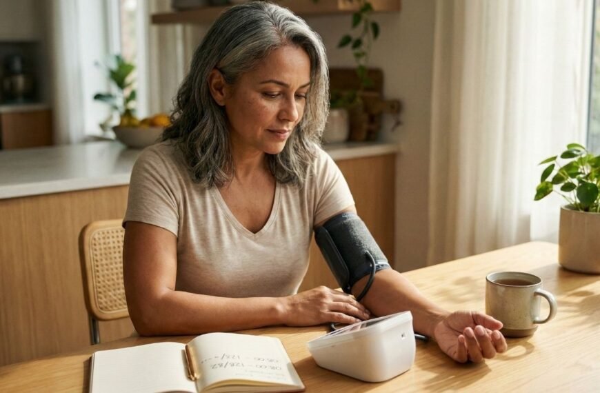 Uma mulher de meia-idade com cabelos grisalhos, de aparência serena e natural, mede sua pressão arterial em casa usando um monitor digital. Ela está sentada em uma mesa de madeira em uma cozinha iluminada, com um diário aberto e uma caneca ao lado, ilustrando o cuidado com a pressão alta na menopausa. A luz suave entra pela janela, criando um ambiente acolhedor e de rotina saudável. A imagem tem um estilo de fotografia editorial e cores quentes.