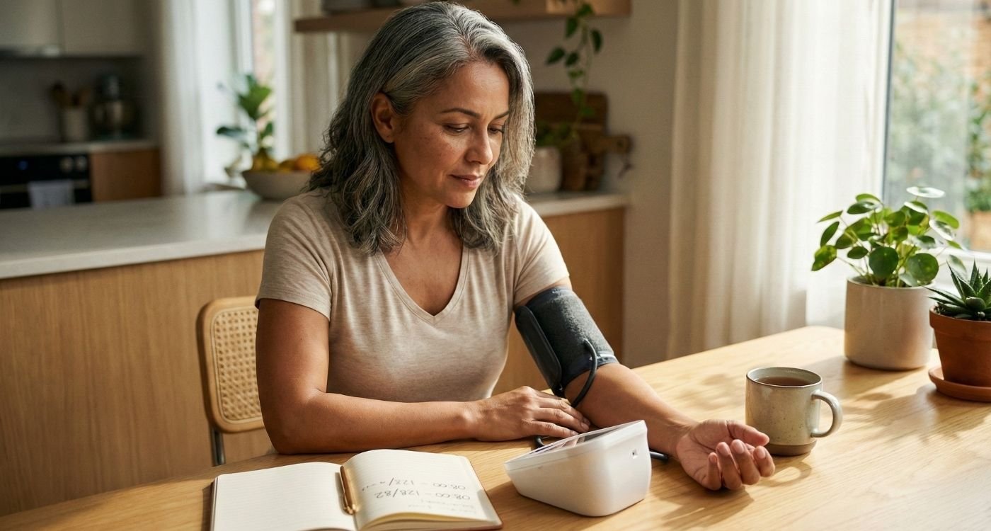 Uma mulher de meia-idade com cabelos grisalhos, de aparência serena e natural, mede sua pressão arterial em casa usando um monitor digital. Ela está sentada em uma mesa de madeira em uma cozinha iluminada, com um diário aberto e uma caneca ao lado, ilustrando o cuidado com a pressão alta na menopausa. A luz suave entra pela janela, criando um ambiente acolhedor e de rotina saudável. A imagem tem um estilo de fotografia editorial e cores quentes.