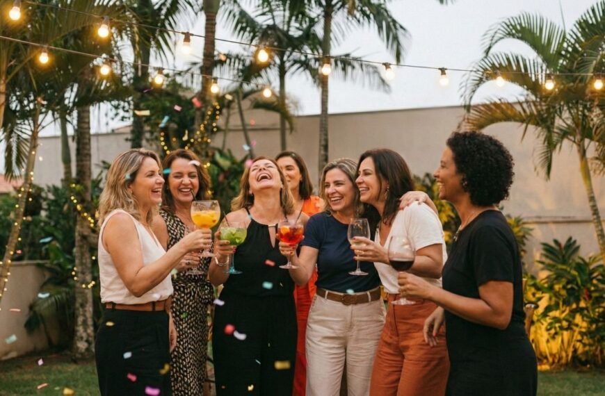 Grupo de mulheres maduras e felizes brindando com coquetéis em um jardim festivo, ilustrando um momento de celebração que pode trazer preocupações sobre a ressaca na menopausa devido à maior sensibilidade ao álcool nessa fase.