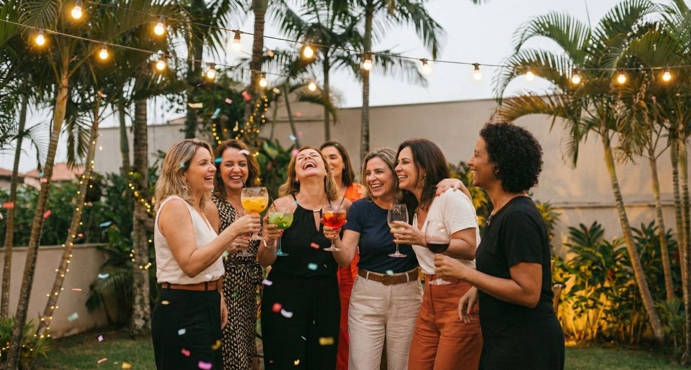 Grupo de mulheres maduras e felizes brindando com coquetéis em um jardim festivo, ilustrando um momento de celebração que pode trazer preocupações sobre a ressaca na menopausa devido à maior sensibilidade ao álcool nessa fase.