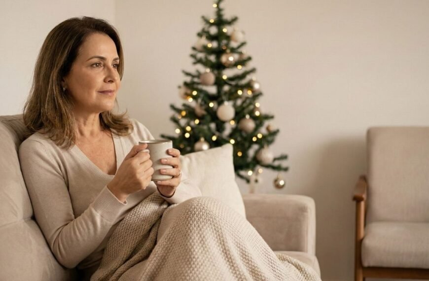 Mulher de meia-idade sentada sozinha no sofá, envolta em uma manta e segurando uma caneca, com olhar contemplativo distante. Uma árvore de Natal decorada ao fundo e uma poltrona vazia ao lado dela ilustram o sentimento de solidão no Natal.
