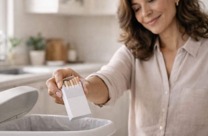 Mulher brasileira entre 45 e 55 anos, em uma cozinha clara e acolhedora, descarta calmamente uma carteira de cigarros no lixo, com expressão de alívio e decisão consciente, representando o impacto do Tabagismo na menopausa e a escolha por hábitos mais saudáveis nessa fase da vida.