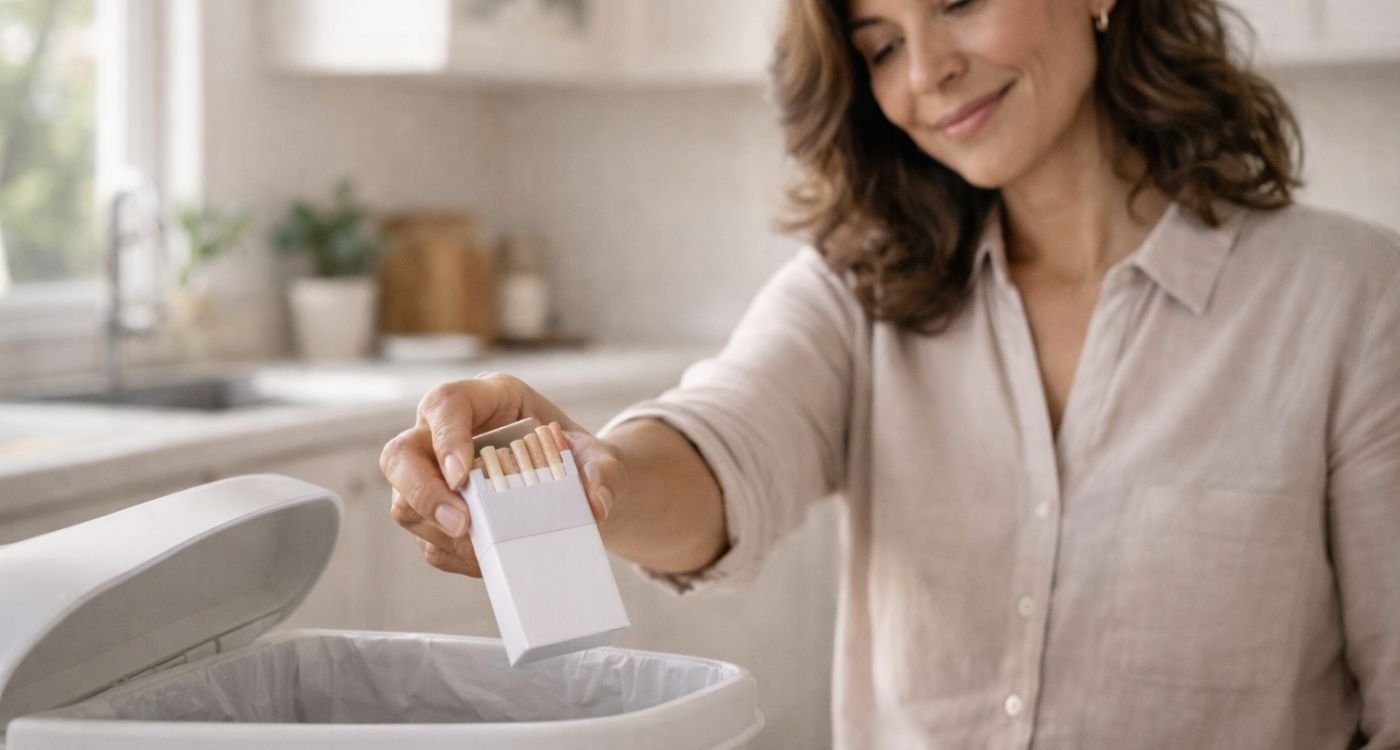 Mulher brasileira entre 45 e 55 anos, em uma cozinha clara e acolhedora, descarta calmamente uma carteira de cigarros no lixo, com expressão de alívio e decisão consciente, representando o impacto do Tabagismo na menopausa e a escolha por hábitos mais saudáveis nessa fase da vida.