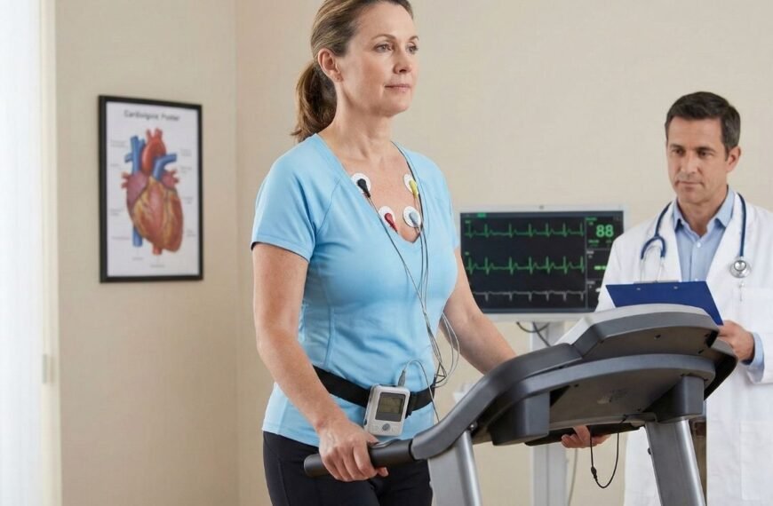 Mulher de meia-idade realizando um teste ergométrico na esteira, com eletrodos no peito e um médico observando ao lado, ilustrando a importância de exames cardiológicos como parte essencial do autocuidado na menopausa.