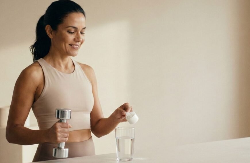 Uma mulher de meia-idade, com aparência saudável e sorrindo, segura um halter em uma mão e, com a outra, despeja uma medida de suplemento em pó, representando a creatina na menopausa, em um copo com água sobre uma bancada em um ambiente iluminado e minimalista.
