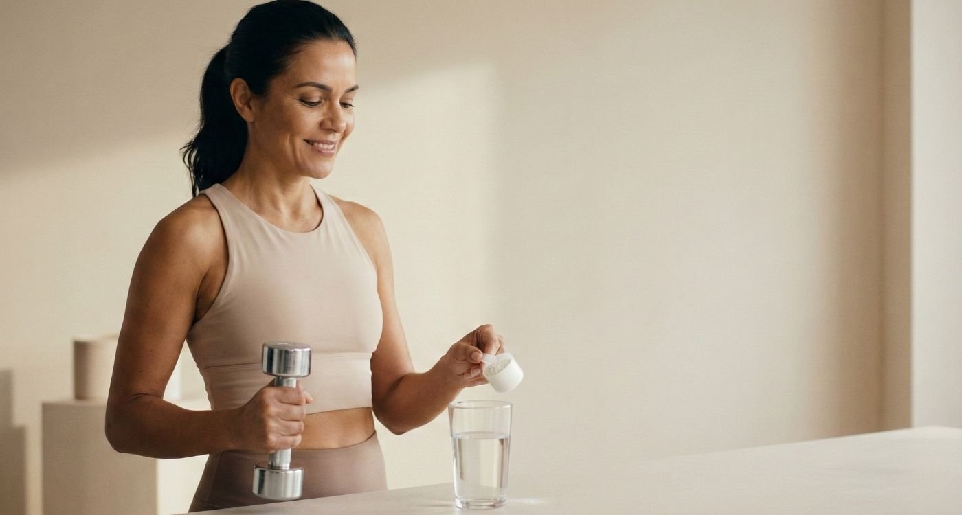 Uma mulher de meia-idade, com aparência saudável e sorrindo, segura um halter em uma mão e, com a outra, despeja uma medida de suplemento em pó, representando a creatina na menopausa, em um copo com água sobre uma bancada em um ambiente iluminado e minimalista.