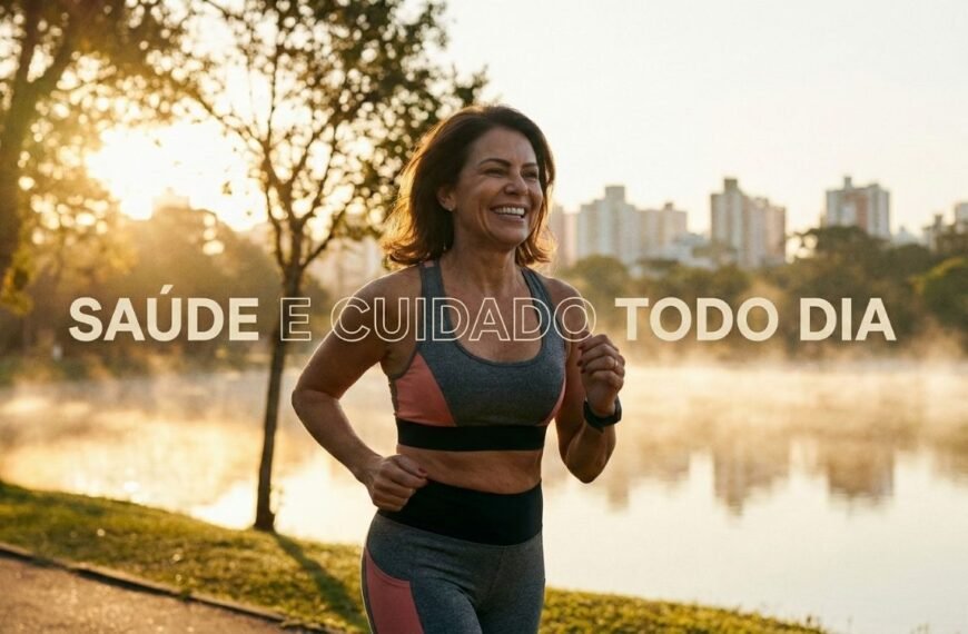 Uma mulher de meia-idade corre sorrindo no Parque Barigui ao nascer do sol, com o texto "SAÚDE E CUIDADO TODO DIA" sobreposto. A imagem ilustra a importância de hábitos saudáveis, como a prática regular de exercícios, para prevenir doenças cardíacas na menopausa.