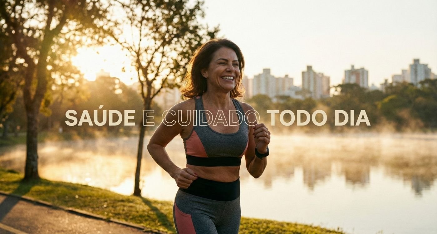 Uma mulher de meia-idade corre sorrindo no Parque Barigui ao nascer do sol, com o texto "SAÚDE E CUIDADO TODO DIA" sobreposto. A imagem ilustra a importância de hábitos saudáveis, como a prática regular de exercícios, para prevenir doenças cardíacas na menopausa.