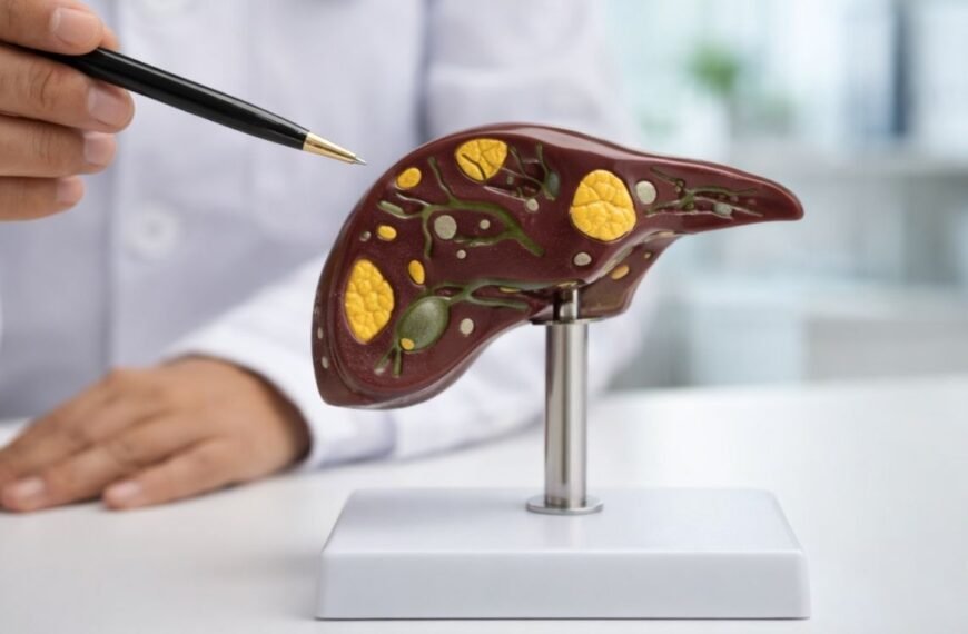 Fígado gorduroso na menopausa: modelo anatômico de fígado com áreas de gordura destacadas, sendo explicado por profissional de saúde em ambiente clínico.