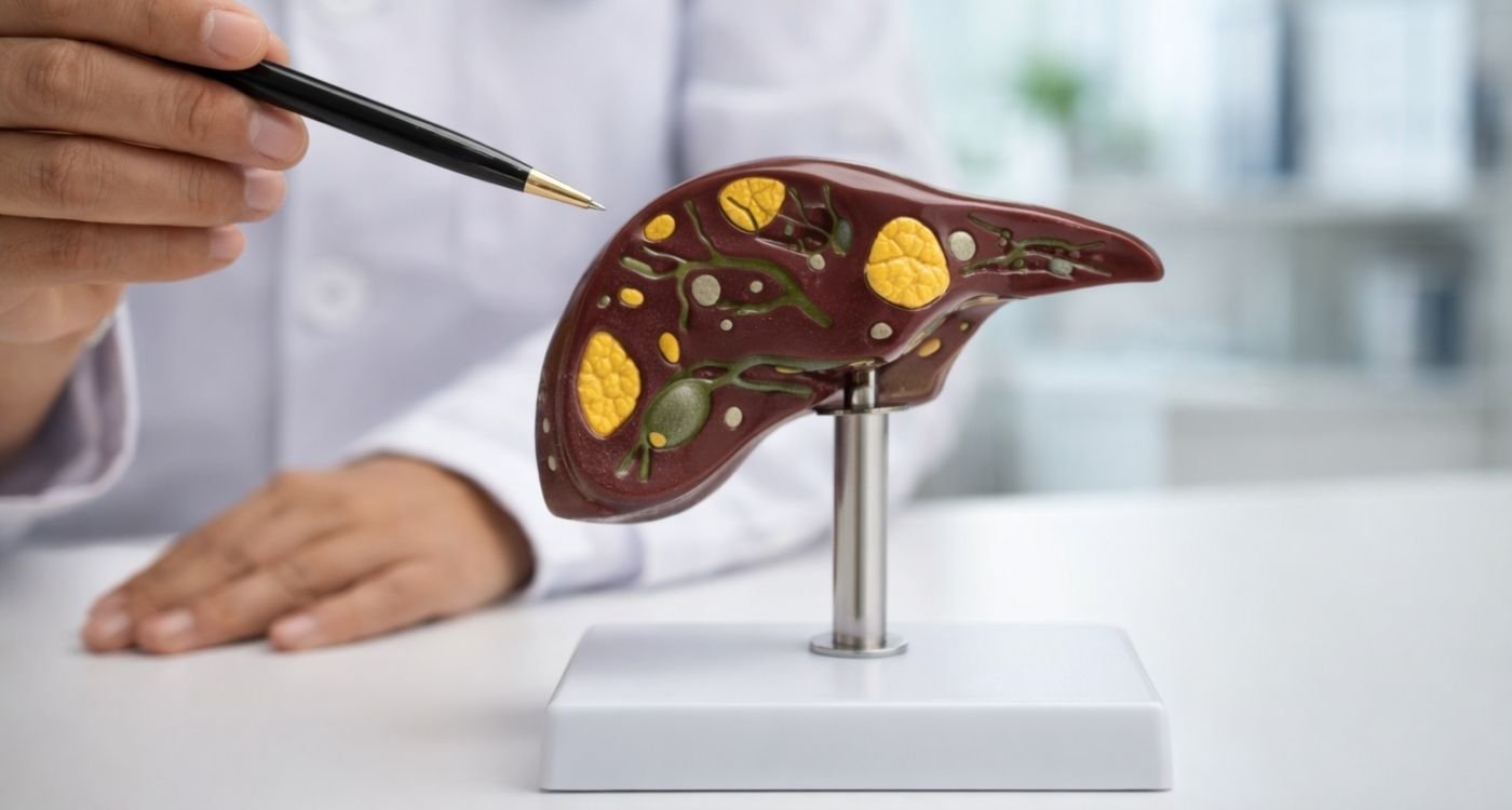 Fígado gorduroso na menopausa: modelo anatômico de fígado com áreas de gordura destacadas, sendo explicado por profissional de saúde em ambiente clínico.