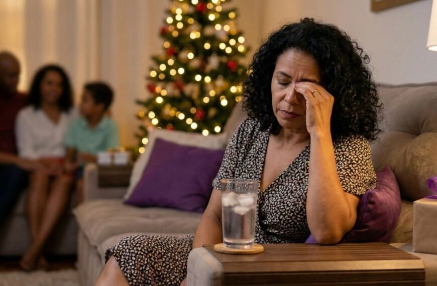 Mulher madura sentada no sofá com expressão de cansaço e a mão na têmpora, ilustrando os desafios da menopausa no Natal. Ao lado dela, um copo de água com gelo. Ao fundo, uma árvore de Natal iluminada, presentes com laços roxos e a família desfocada.