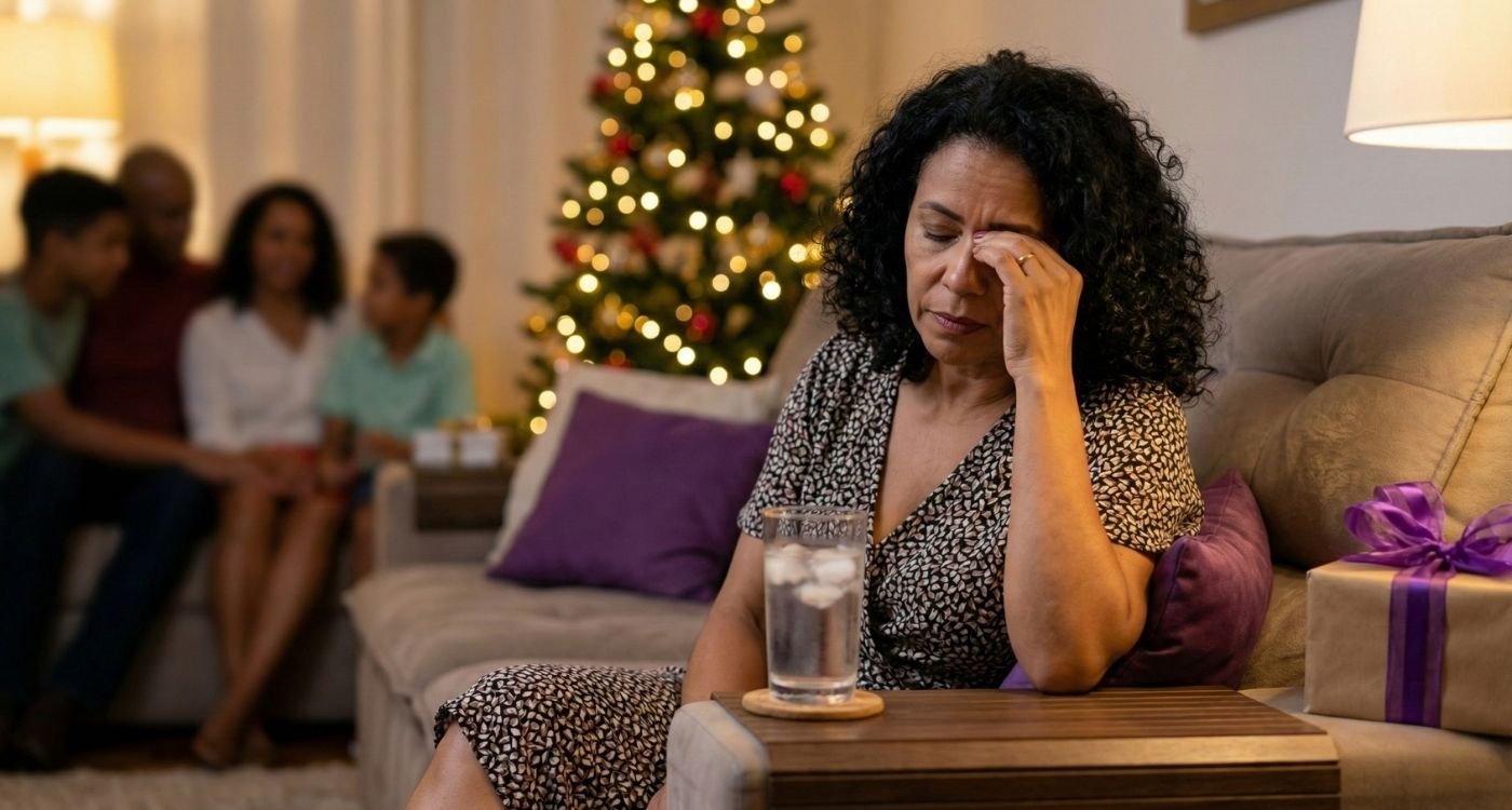 Mulher madura sentada no sofá com expressão de cansaço e a mão na têmpora, ilustrando os desafios da menopausa no Natal. Ao lado dela, um copo de água com gelo. Ao fundo, uma árvore de Natal iluminada, presentes com laços roxos e a família desfocada.
