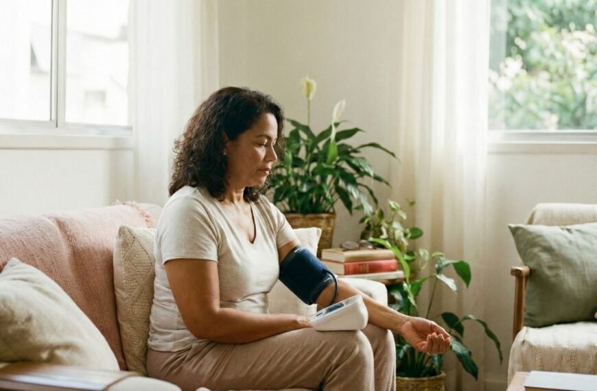 Uma mulher de meia-idade está sentada em um sofá bege em uma sala de estar bem iluminada por janelas, medindo sua pressão arterial com um monitor digital no braço esquerdo. Ela olha atentamente para o aparelho. Ao redor dela há almofadas, plantas em vasos e uma mesa lateral com livros. A imagem ilustra o monitoramento da pressão alta na menopausa em um ambiente doméstico tranquilo.