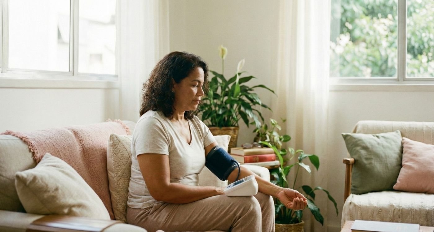 Uma mulher de meia-idade está sentada em um sofá bege em uma sala de estar bem iluminada por janelas, medindo sua pressão arterial com um monitor digital no braço esquerdo. Ela olha atentamente para o aparelho. Ao redor dela há almofadas, plantas em vasos e uma mesa lateral com livros. A imagem ilustra o monitoramento da pressão alta na menopausa em um ambiente doméstico tranquilo.