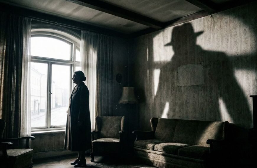 Uma fotografia atmosférica e sombria em uma sala antiga, mostrando a silhueta de uma mulher idosa parada sozinha em frente a uma janela iluminada. Atrás dela, uma sombra gigantesca e ameaçadora de uma figura masculina usando chapéu é projetada na parede e sobre o sofá, dominando o ambiente e simbolizando a presença opressiva e o controle em um relacionamento abusivo.