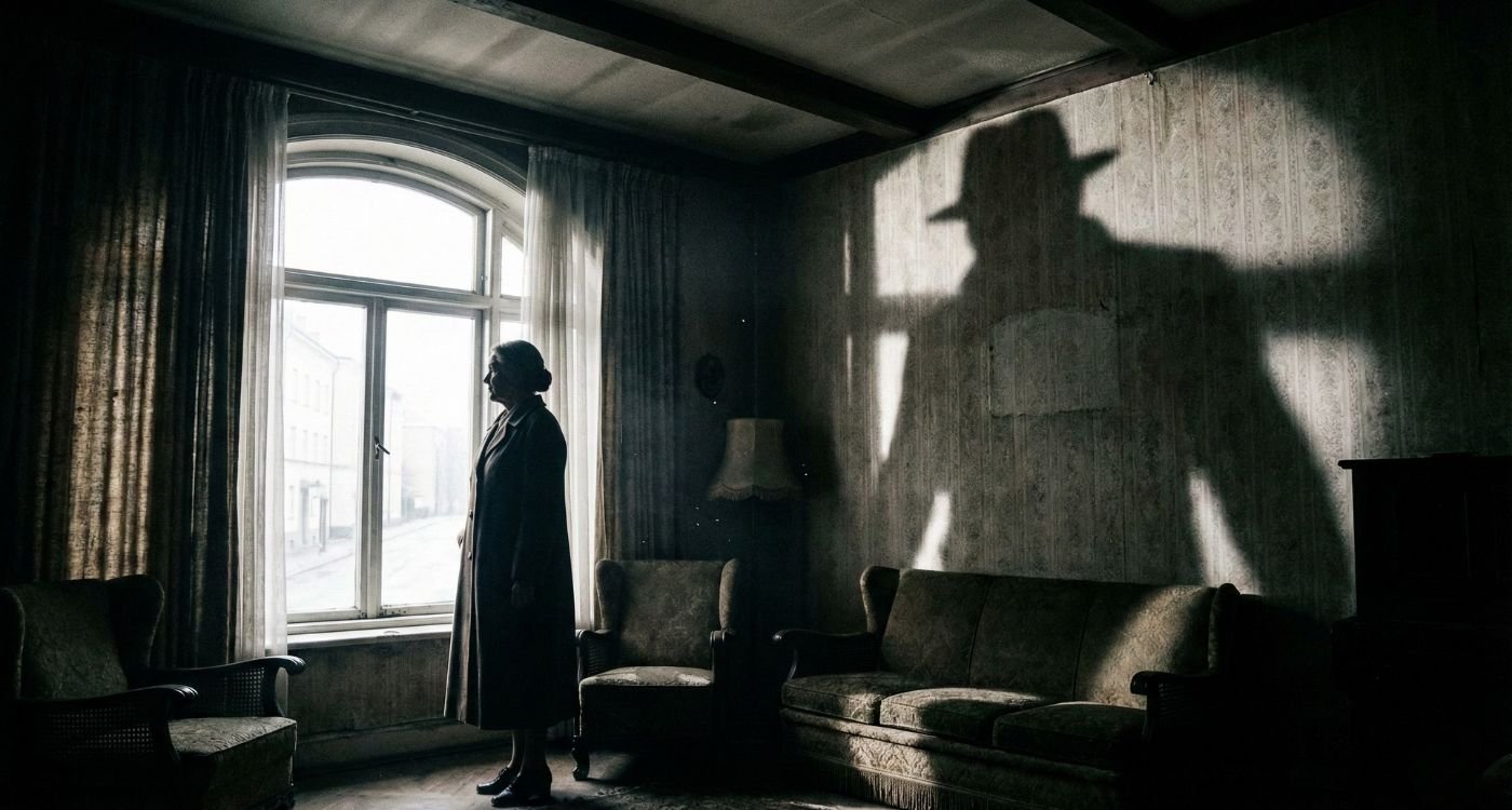 Uma fotografia atmosférica e sombria em uma sala antiga, mostrando a silhueta de uma mulher idosa parada sozinha em frente a uma janela iluminada. Atrás dela, uma sombra gigantesca e ameaçadora de uma figura masculina usando chapéu é projetada na parede e sobre o sofá, dominando o ambiente e simbolizando a presença opressiva e o controle em um relacionamento abusivo.