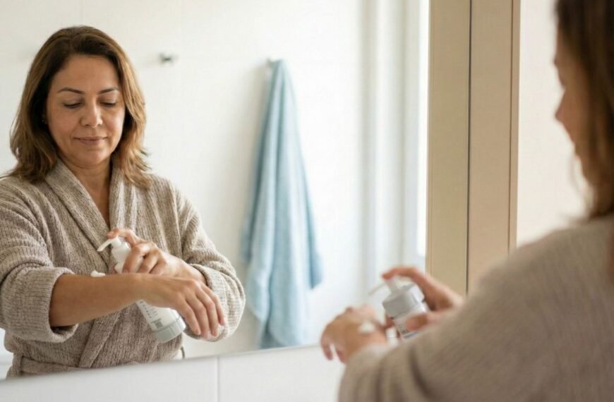 Uma mulher de meia-idade, vestindo um roupão bege, aplica um creme no antebraço enquanto se olha no espelho do banheiro, ilustrando uma rotina de cuidados que pode incluir o uso de testosterona na menopausa.