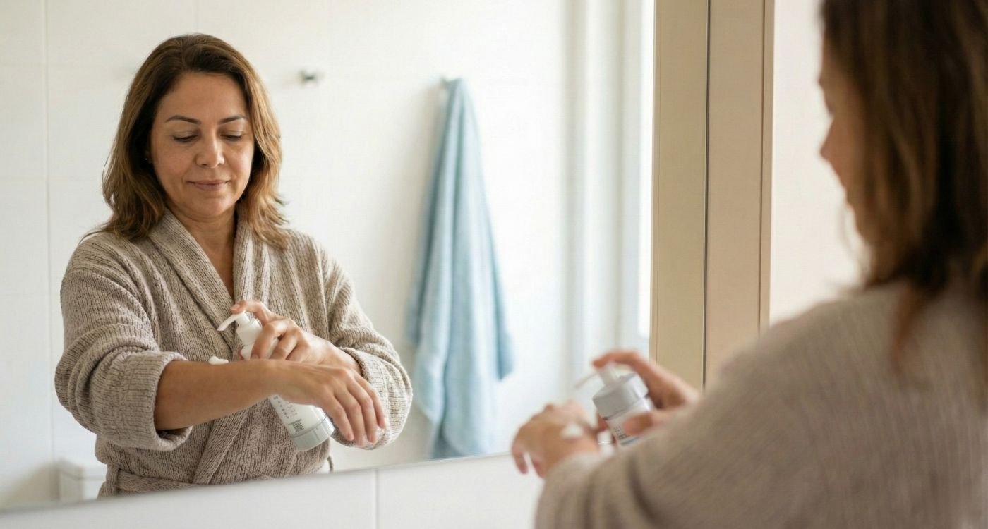 Uma mulher de meia-idade, vestindo um roupão bege, aplica um creme no antebraço enquanto se olha no espelho do banheiro, ilustrando uma rotina de cuidados que pode incluir o uso de testosterona na menopausa.