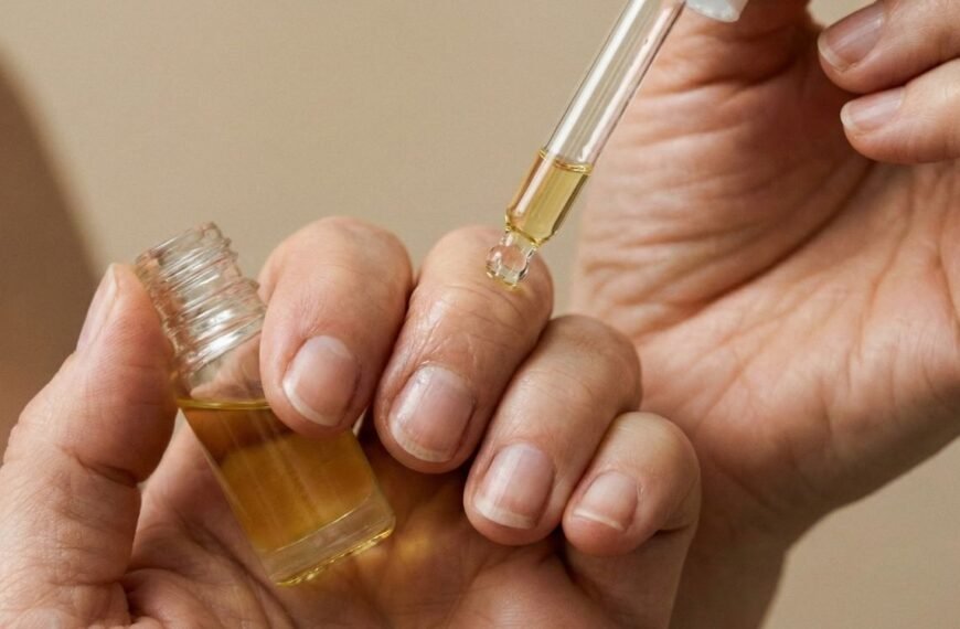 Close de mulher de meia-idade aplicando óleo hidratante com conta-gotas nas cutículas para ajudar a tratar unhas fracas na menopausa.