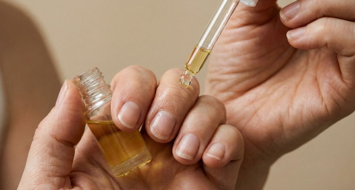 Close de mulher de meia-idade aplicando óleo hidratante com conta-gotas nas cutículas para ajudar a tratar unhas fracas na menopausa.