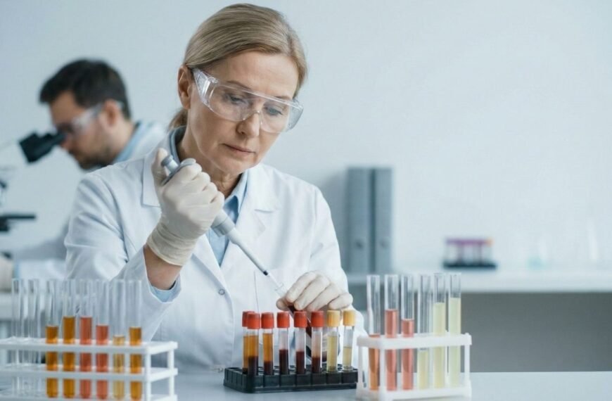 Foto editorial de pesquisadora madura usando equipamentos de proteção em laboratório clínico, analisando tubos de ensaio para estudos sobre o corpo feminino anos após a menopausa.