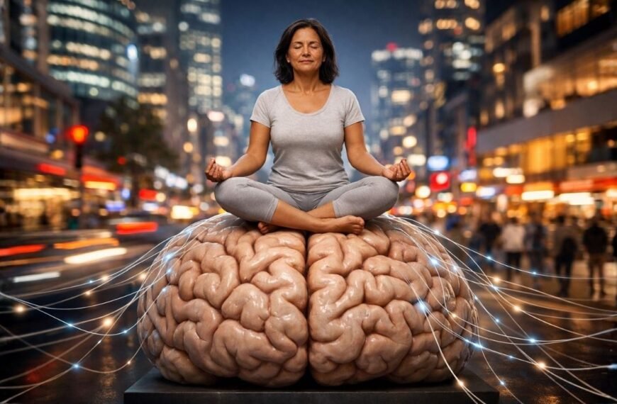 Mulher brasileira de 45–55 anos meditando em posição de lótus sobre um cérebro humano gigante, com expressão serena e postura confiante, enquanto ao fundo uma cidade caótica aparece desfocada e conectada ao cérebro por filamentos luminosos, simbolizando Biohacking da mente, equilíbrio mente–corpo e regulação do estresse em meio à sobrecarga de estímulos urbanos.