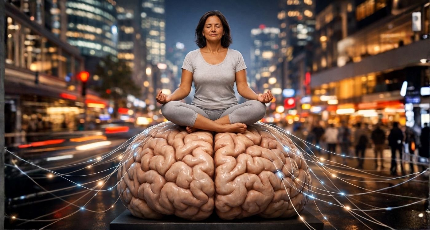 Mulher brasileira de 45–55 anos meditando em posição de lótus sobre um cérebro humano gigante, com expressão serena e postura confiante, enquanto ao fundo uma cidade caótica aparece desfocada e conectada ao cérebro por filamentos luminosos, simbolizando Biohacking da mente, equilíbrio mente–corpo e regulação do estresse em meio à sobrecarga de estímulos urbanos.