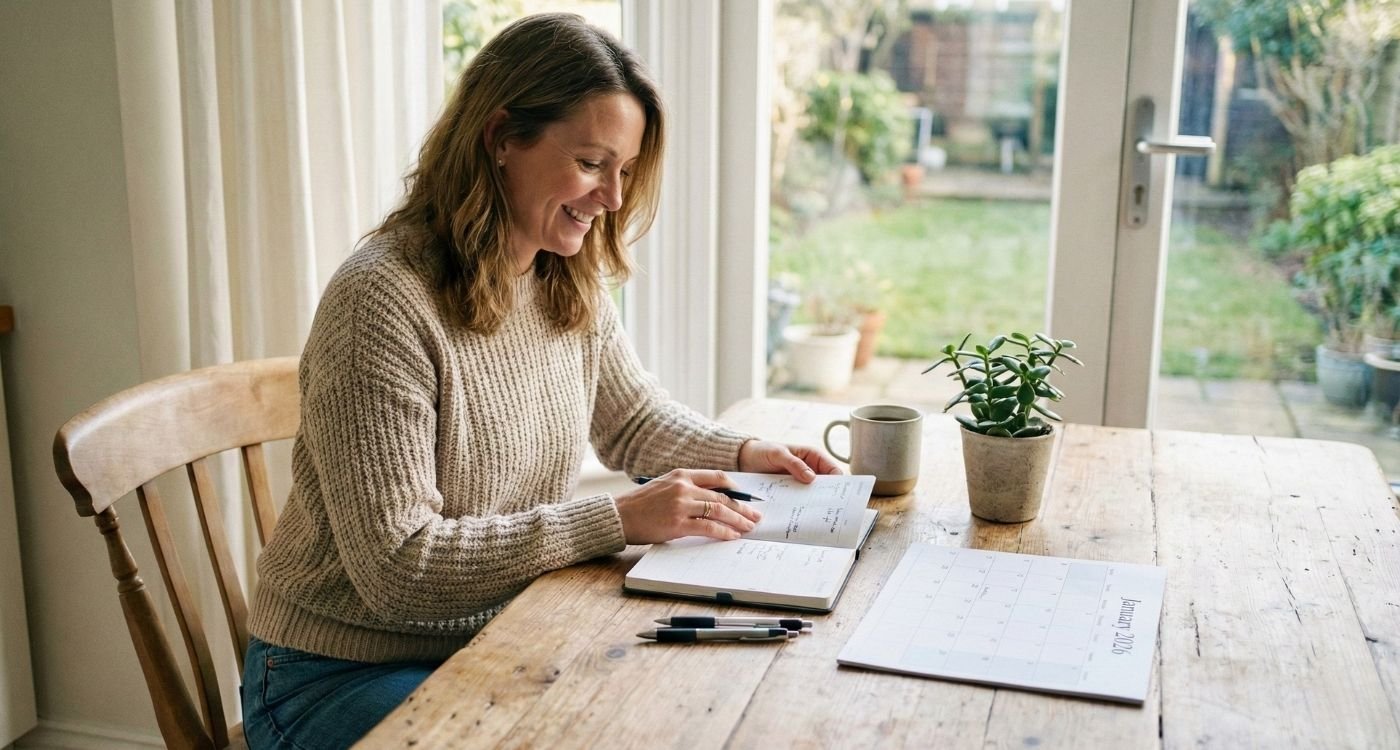 Mulher organizando hábitos para retomar a rotina após as festas no climatério.