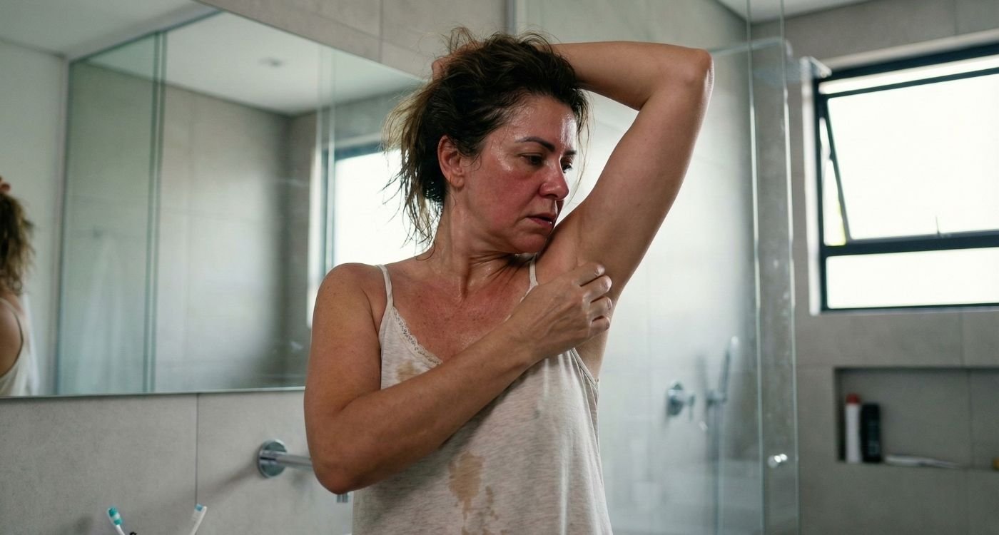 Mulher madura em um banheiro, vestindo camisola com marcas visíveis de suor e verificando a axila com expressão de preocupação, ilustrando o desconforto com o odor corporal na menopausa.