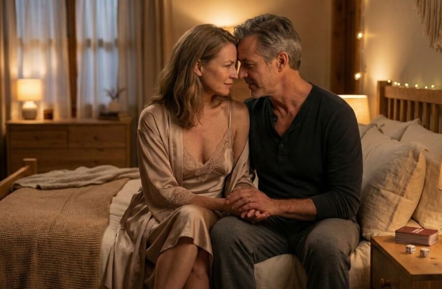 Casal de meia-idade, sentado na cama de um quarto aconchegante com luzes quentes, olha-se com ternura e de mãos dadas. A mulher usa uma camisola e roupão de cetim e o homem uma camiseta escura, com um jogo de cartas "Intimacy Prompts" e dados na mesa de cabeceira, ilustrando a intimidade e a sexualidade na menopausa.