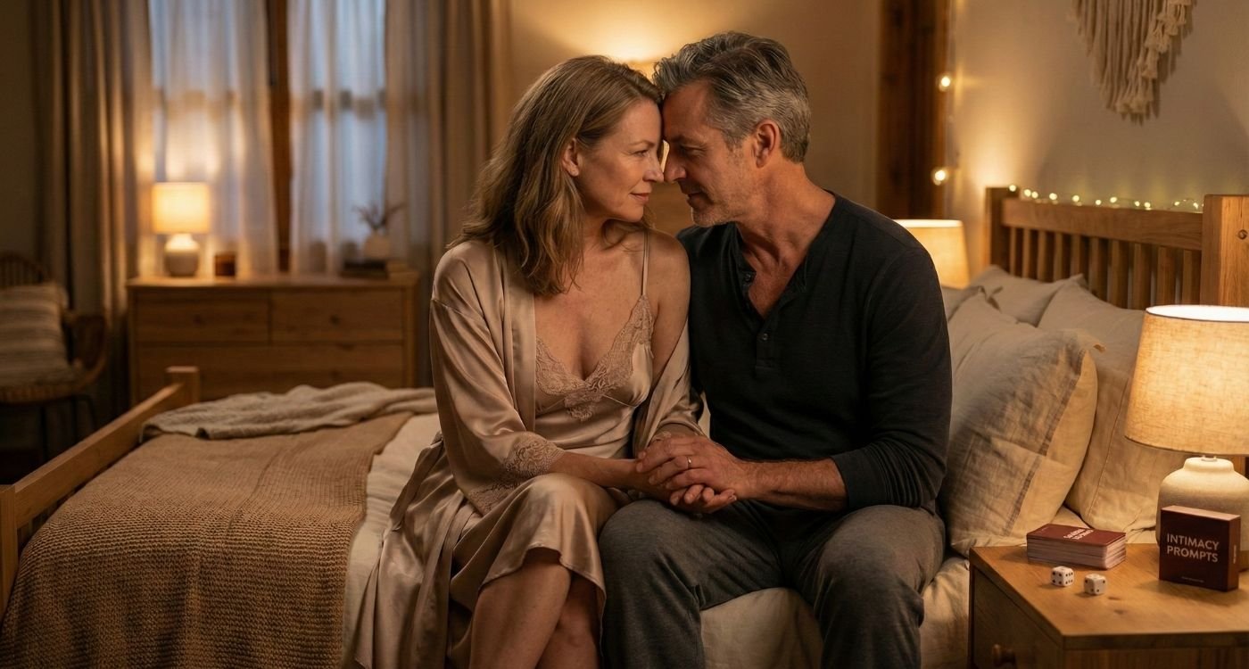 Casal de meia-idade, sentado na cama de um quarto aconchegante com luzes quentes, olha-se com ternura e de mãos dadas. A mulher usa uma camisola e roupão de cetim e o homem uma camiseta escura, com um jogo de cartas "Intimacy Prompts" e dados na mesa de cabeceira, ilustrando a intimidade e a sexualidade na menopausa.