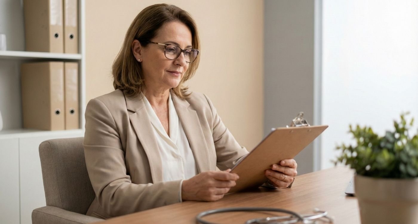 Mulher de meia-idade, usando óculos e blazer bege, sentada em uma mesa de consultório médico e analisando atentamente documentos em uma prancheta, em um contexto relacionado à rotina de exames após os 40. Um estetoscópio repousa sobre a mesa à sua frente.