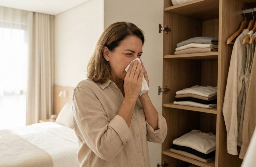 Mulher de meia-idade em um quarto, espirrando e cobrindo o nariz com um lenço em frente a um armário aberto, ilustrando um possível sintoma de alergias na menopausa.