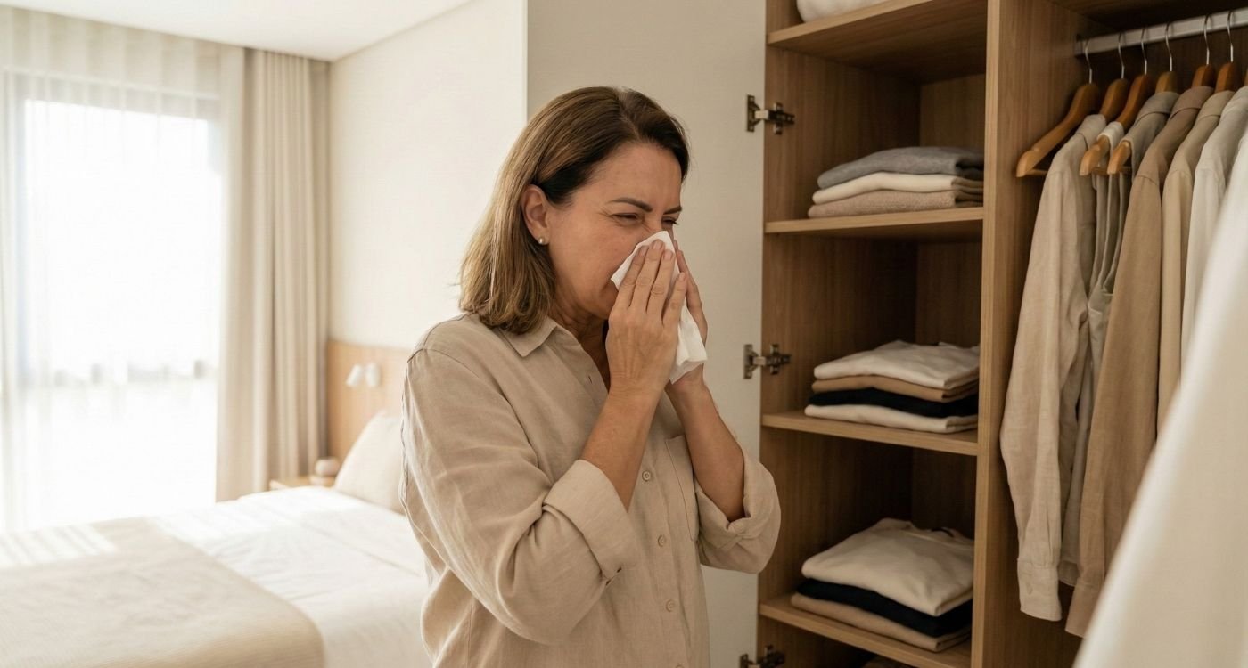 Mulher de meia-idade em um quarto, espirrando e cobrindo o nariz com um lenço em frente a um armário aberto, ilustrando um possível sintoma de alergias na menopausa.