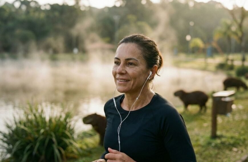 Mulher de meia-idade sorrindo enquanto corre em um parque com capivaras ao fundo e neblina sobre o lago, praticando biohacking do corpo na menopausa através do exercício físico.