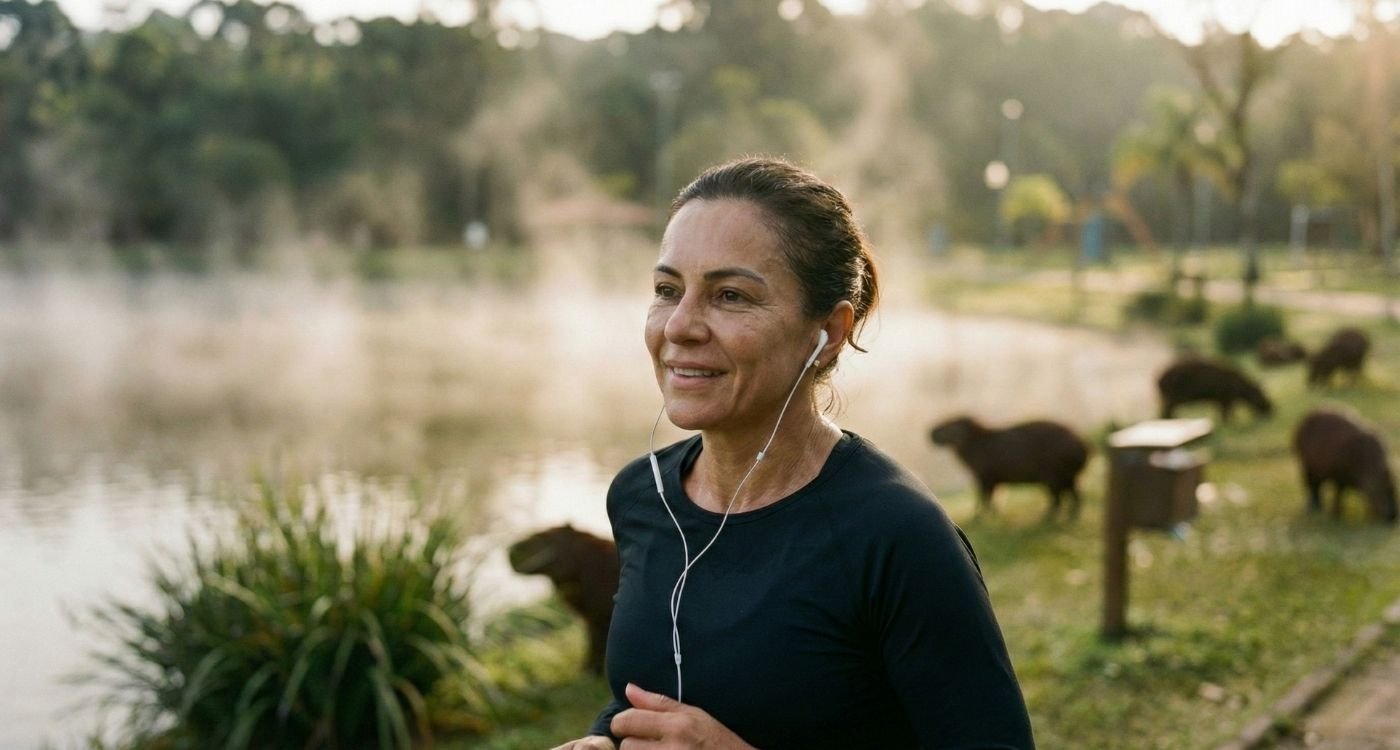 Mulher de meia-idade sorrindo enquanto corre em um parque com capivaras ao fundo e neblina sobre o lago, praticando biohacking do corpo na menopausa através do exercício físico.