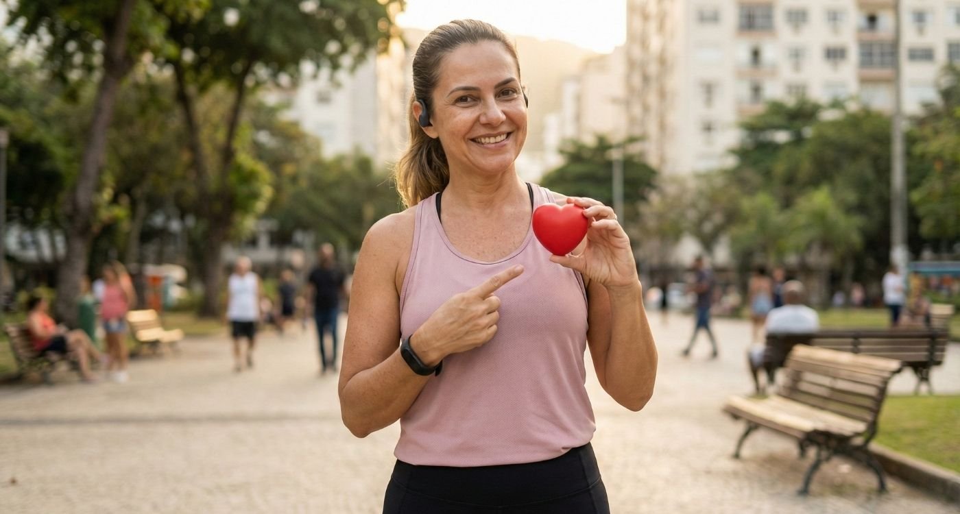 Uma mulher sorridente de meia-idade, com roupas de ginástica e fones de ouvido, em um parque ensolarado, segura um pequeno coração vermelho e aponta para ele. Esta imagem ilustra a importância do cuidado com o coração na menopausa, destacando um estilo de vida ativo e saudável.