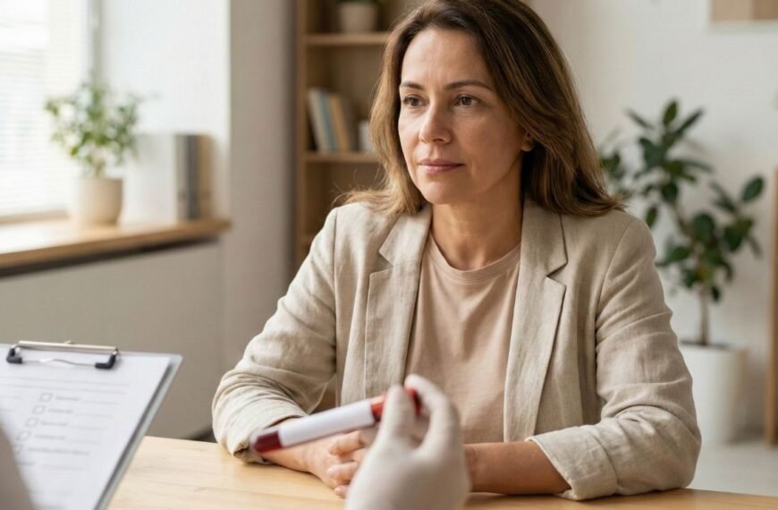 Mulher de meia-idade com expressão pensativa durante uma consulta médica, onde um profissional de saúde segura um tubo de coleta de sangue e uma prancheta, possivelmente discutindo resultados de exames relacionados a cortisol alto na menopausa.