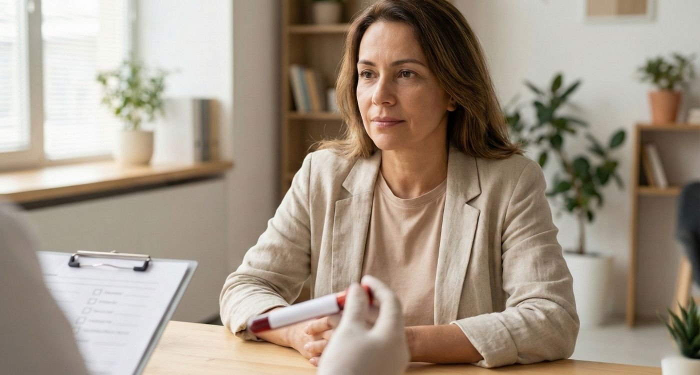 Mulher de meia-idade com expressão pensativa durante uma consulta médica, onde um profissional de saúde segura um tubo de coleta de sangue e uma prancheta, possivelmente discutindo resultados de exames relacionados a cortisol alto na menopausa.