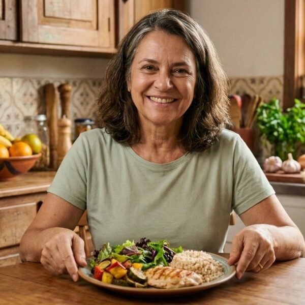 Mulher sorridente de meia-idade sentada à mesa de uma cozinha rústica, segurando um prato equilibrado com frango grelhado, legumes coloridos e arroz integral, ilustrando uma refeição adequada para a dieta na menopausa.