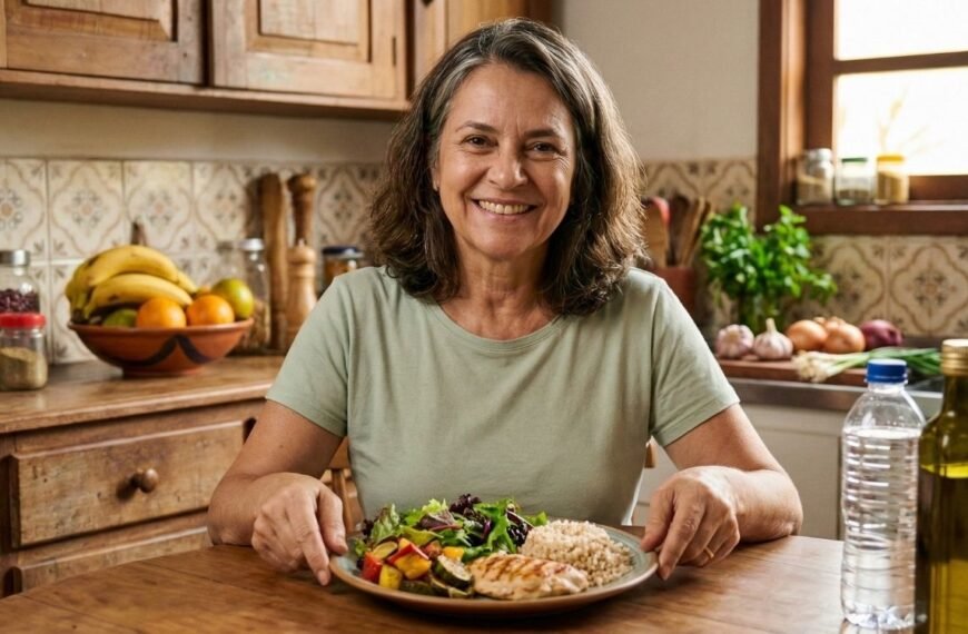 Mulher sorridente de meia-idade sentada à mesa de uma cozinha rústica, segurando um prato equilibrado com frango grelhado, legumes coloridos e arroz integral, ilustrando uma refeição adequada para a dieta na menopausa.