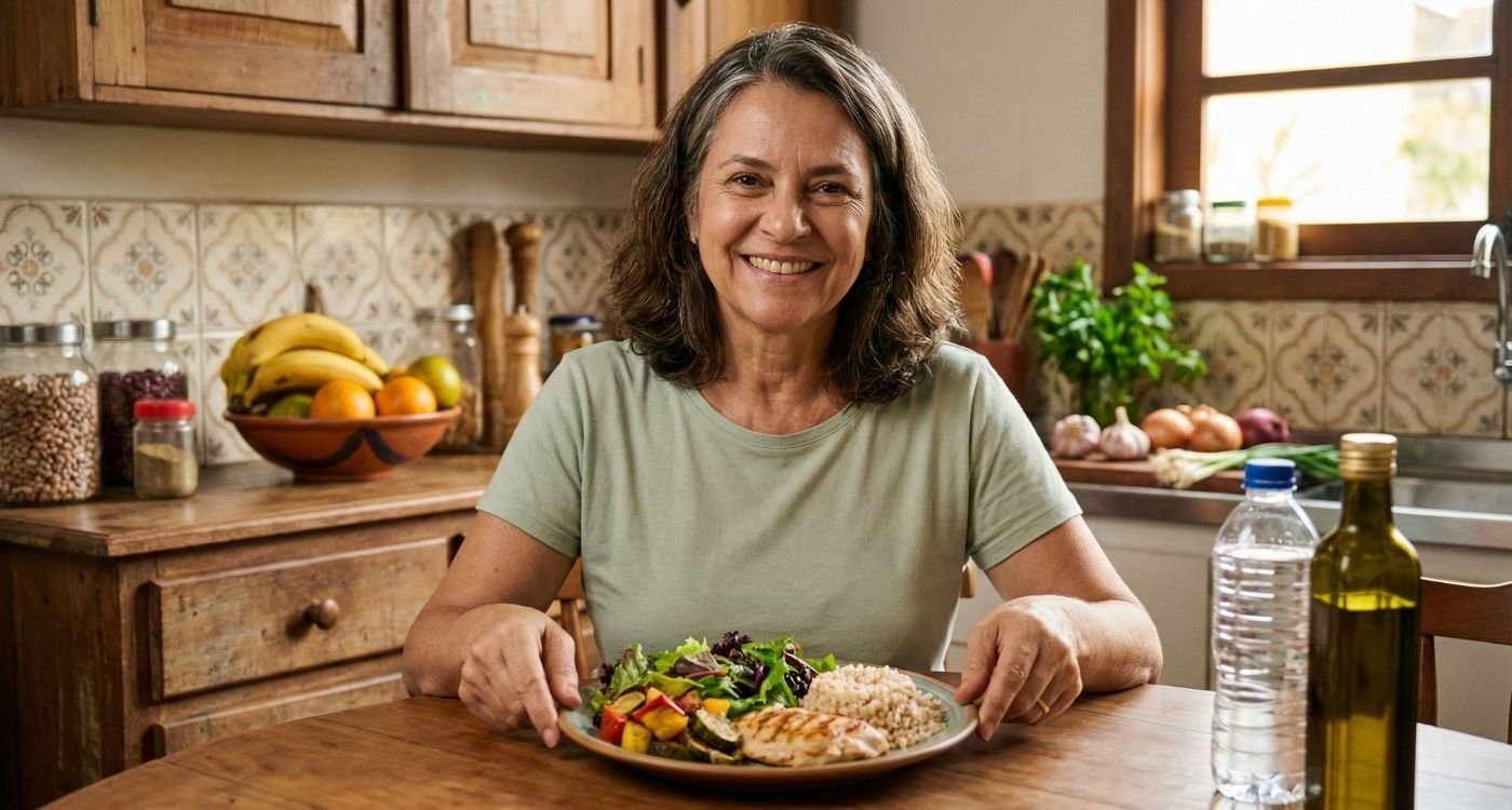 Mulher sorridente de meia-idade sentada à mesa de uma cozinha rústica, segurando um prato equilibrado com frango grelhado, legumes coloridos e arroz integral, ilustrando uma refeição adequada para a dieta na menopausa.