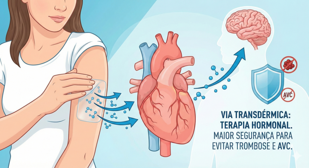Terapia hormonal e coração: Ilustração médica explicando os benefícios da "Via Transdérmica: Terapia Hormonal". À esquerda, uma mulher aplica um adesivo no braço, do qual saem moléculas azuis em direção a uma ilustração central de um coração humano. Do coração, mais moléculas seguem para uma ilustração de um cérebro humano à direita. Ao lado do cérebro, um ícone de escudo azul protege contra dois símbolos vermelhos menores: um coágulo sanguíneo e a sigla "AVC". Abaixo destes ícones, um texto em letras maiúsculas diz: "VIA TRANSDÉRMICA: TERAPIA HORMONAL. MAIOR SEGURANÇA PARA EVITAR TROMBOSE E AVC.". O fundo é um degradê suave de azul claro.