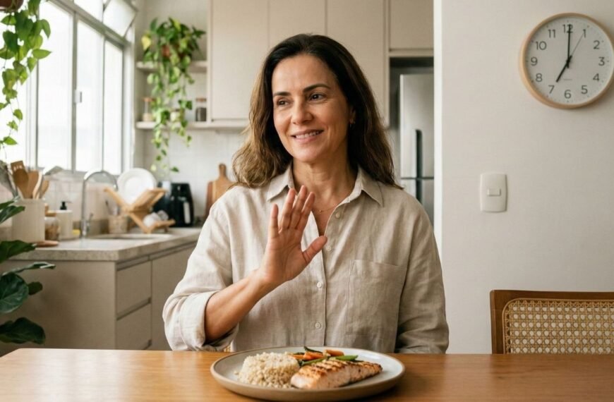 Mulher de meia-idade, brasileira, sentada em uma cozinha aconchegante, sorrindo e fazendo um gesto de espera com a mão enquanto olha para um relógio de parede. Um prato de salmão e legumes está na mesa. A cena ilustra a prática do jejum intermitente na menopausa, aguardando a janela de alimentação.