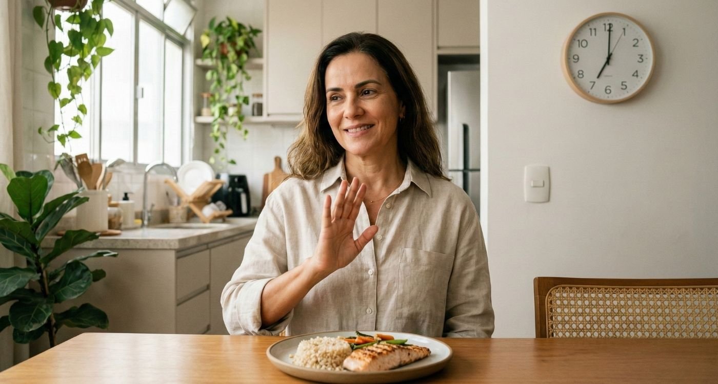 Mulher de meia-idade, brasileira, sentada em uma cozinha aconchegante, sorrindo e fazendo um gesto de espera com a mão enquanto olha para um relógio de parede. Um prato de salmão e legumes está na mesa. A cena ilustra a prática do jejum intermitente na menopausa, aguardando a janela de alimentação.